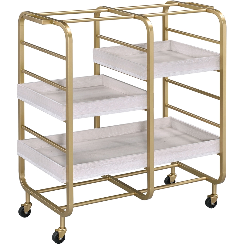 Bowery Hill Contemporary Serving Cart in Gold & White-Washed