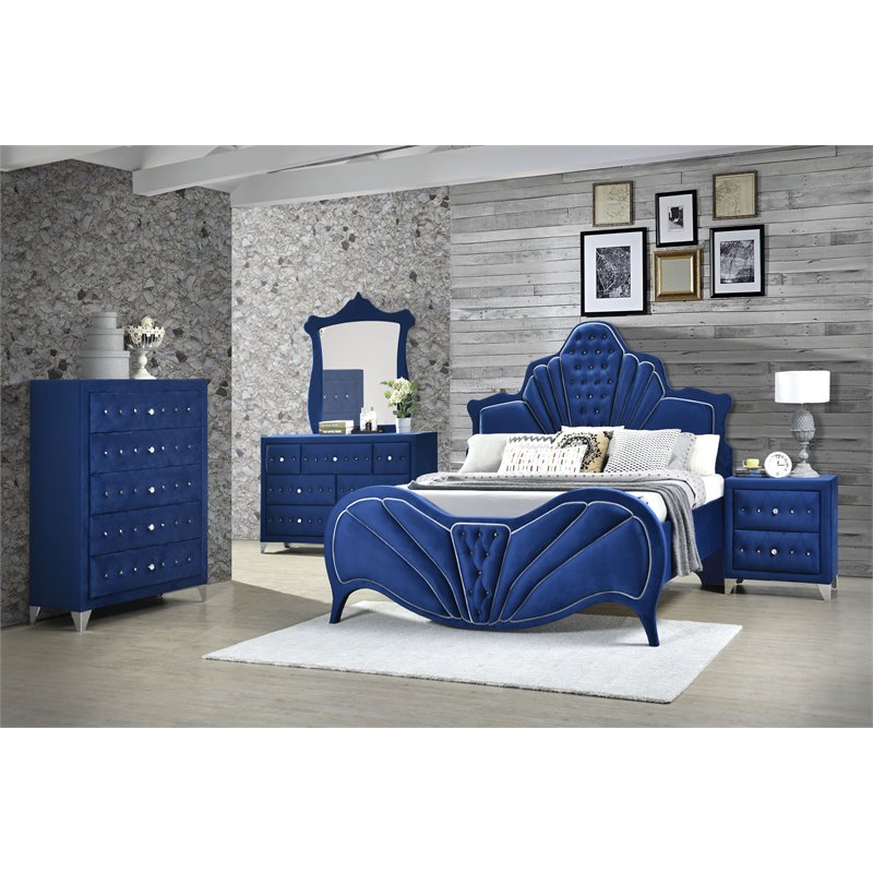 Bowery Hill Contemporary Eastern King Bed in Blue Velvet