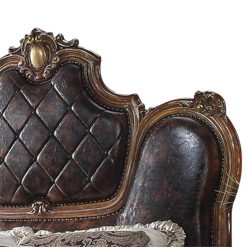 Bowery Hill Traditional Queen Bed in Faux Leather & Cherry Oak