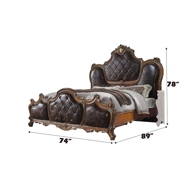 Bowery Hill Traditional Queen Bed in Faux Leather & Cherry Oak