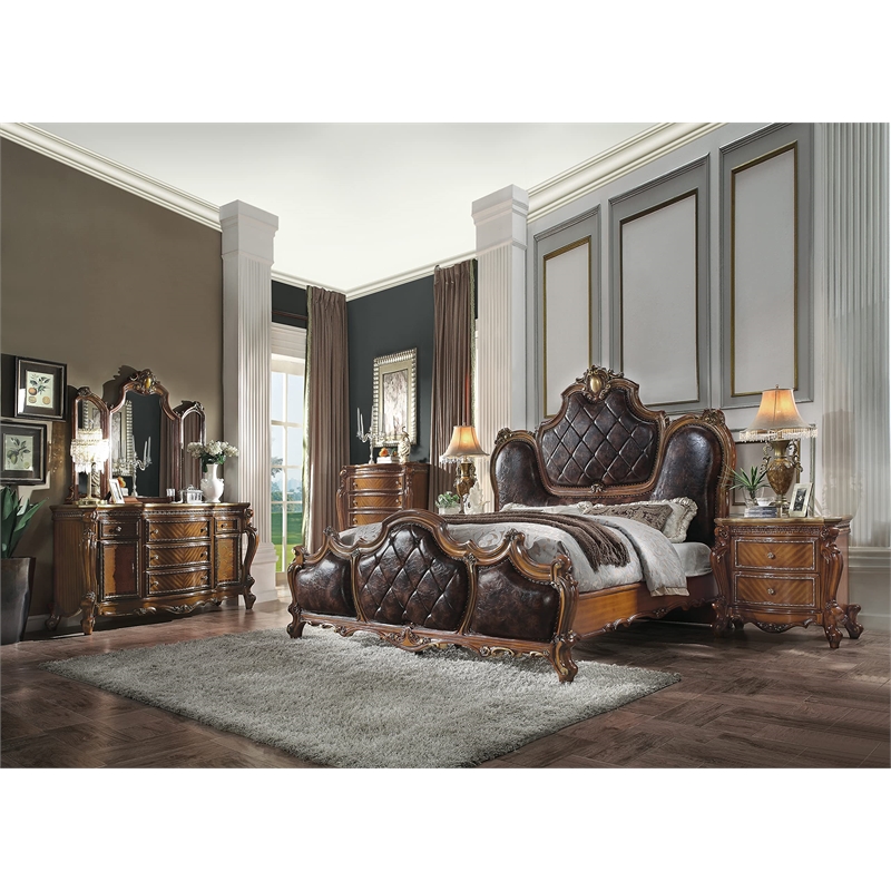 Bowery Hill Traditional Queen Bed in Faux Leather & Cherry Oak