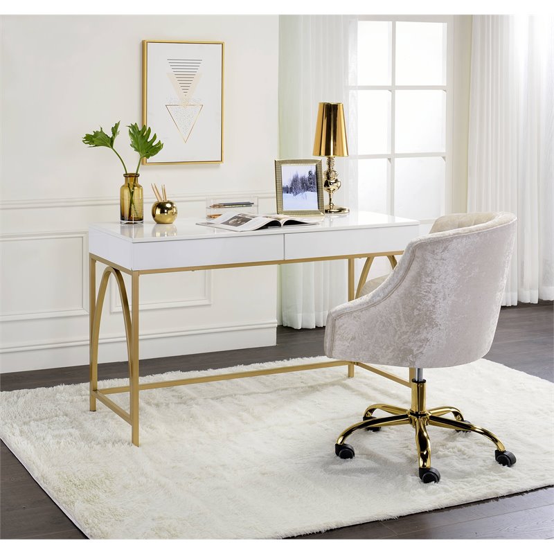Bowery Hill Contemporary Vanity Desk in White High Gloss & Gold