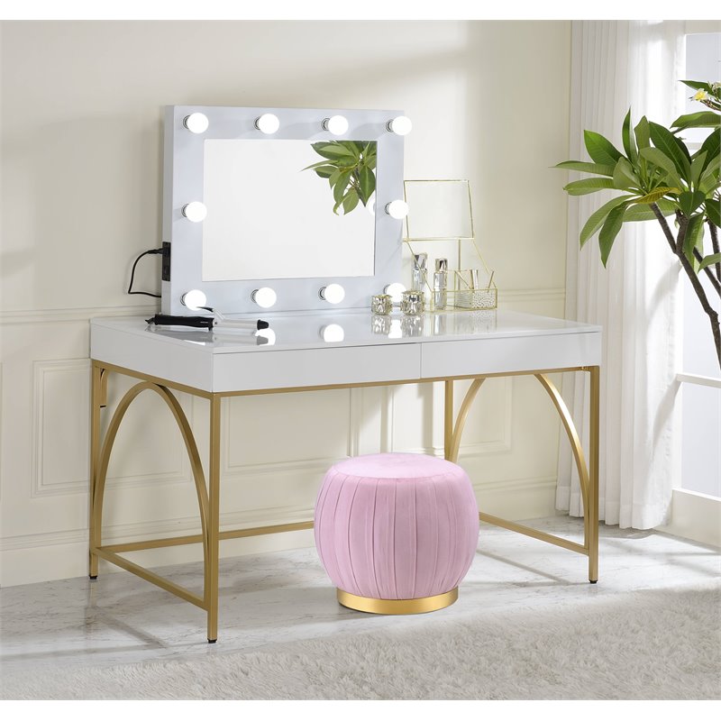 Bowery Hill Contemporary Vanity Desk in White High Gloss & Gold