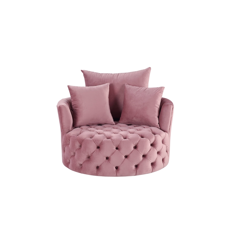 Bowery Hill Contemporary Velvet Swivel Accent Chair with 3 Pillows in Pink