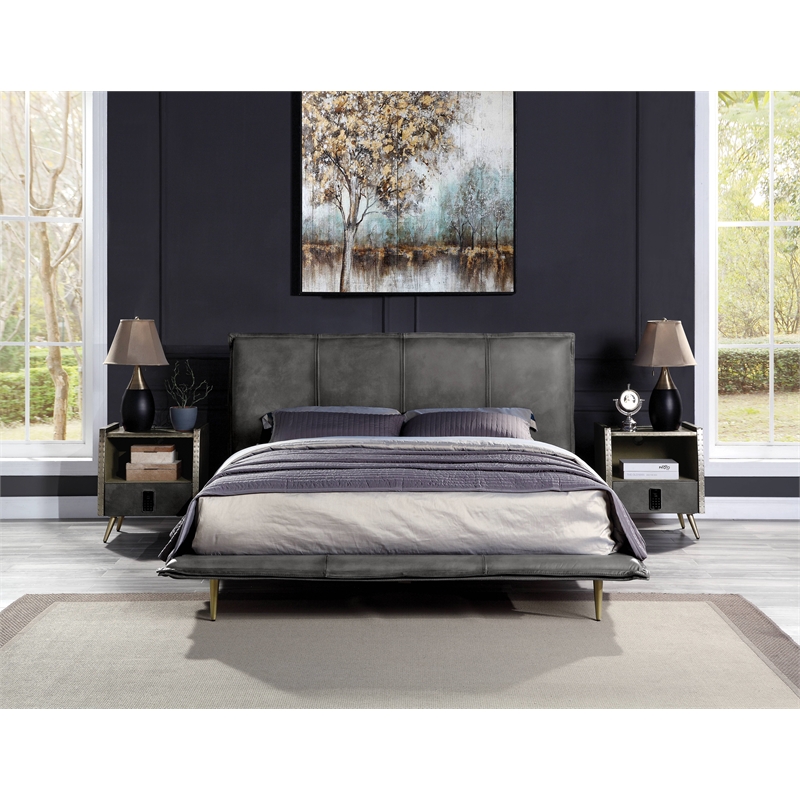 Bowery Hill Contemporary Queen Bed in Gray Top Grain Leather
