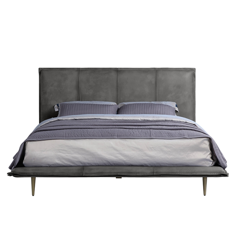 Bowery Hill Contemporary Queen Bed in Gray Top Grain Leather