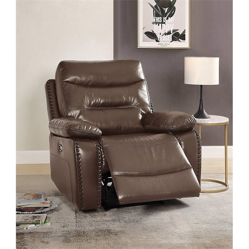 Bowery Hill Contemporary Leather-Gel Match Power Motion Recliner in Brown