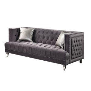 bowery hill modern fabric sofa with 2 pillows in gray velvet