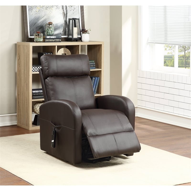 Bowery Hill Contemporary Recliner with Power Lift in Brown PU