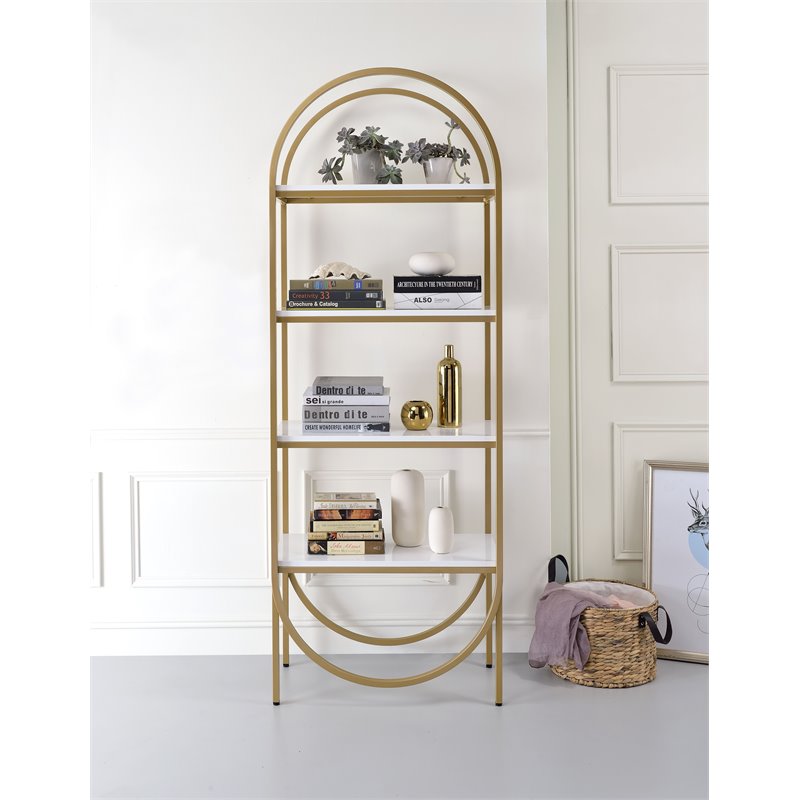 Bowery Hill Modern Bookshelf in White High Gloss & Gold