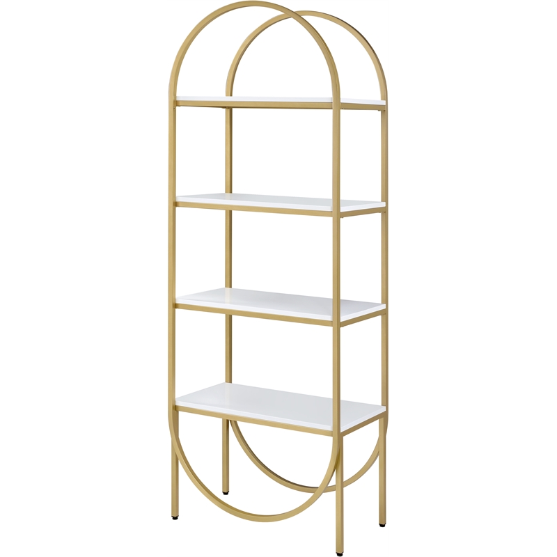 Bowery Hill Modern Bookshelf in White High Gloss & Gold