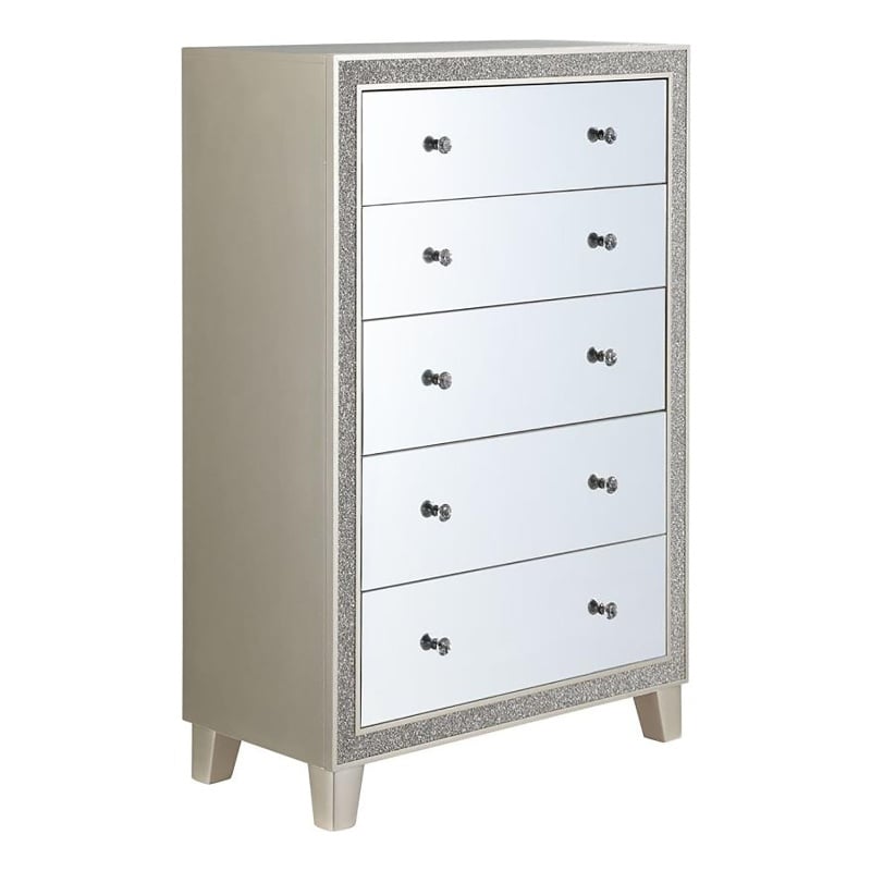 Bowery Hill Modern 5-Drawer Mirrored Wood Chest in Champagne Silver
