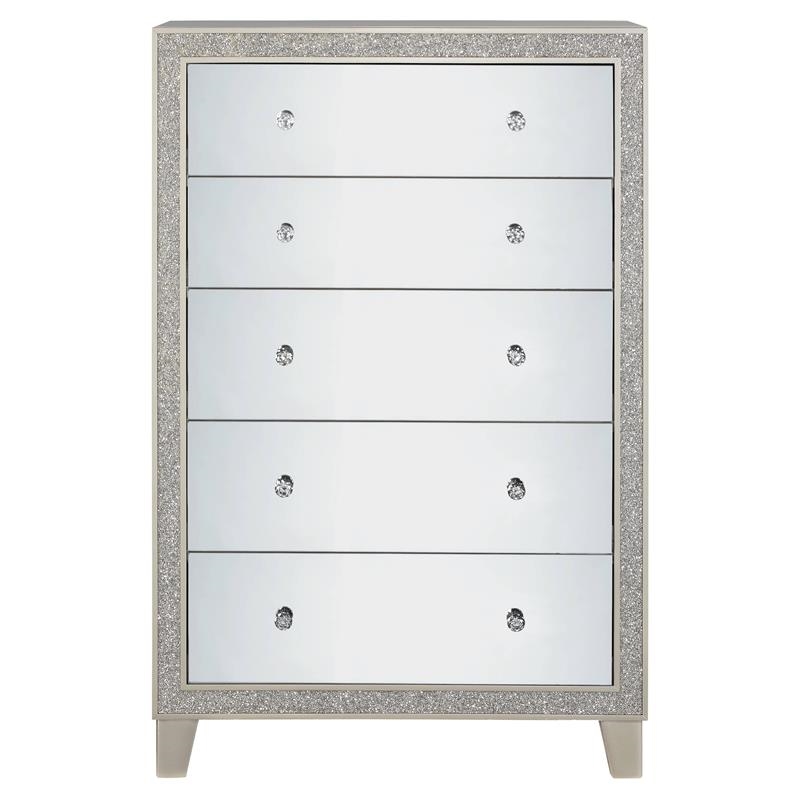 Bowery Hill Modern 5-Drawer Mirrored Wood Chest in Champagne Silver