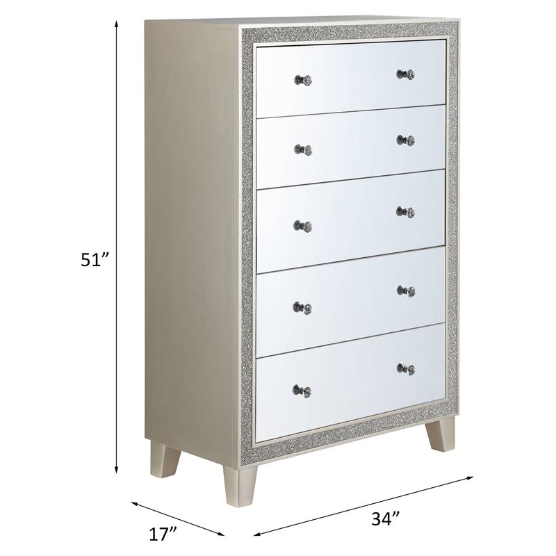 Bowery Hill Modern 5-Drawer Mirrored Wood Chest in Champagne Silver