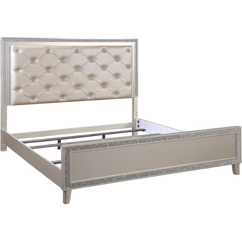 Bowery Hill Modern Queen Bed in Faux Leather& Champagne Finish
