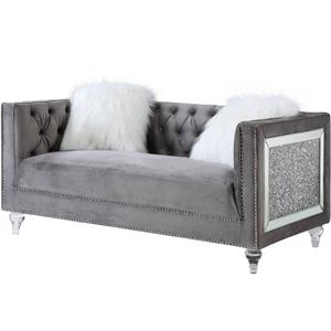 bowery hill contemporary loveseat with 2 pillows in gray velvet
