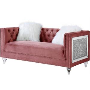 bowery hill contemporary loveseat with 2 pillows in pink velvet