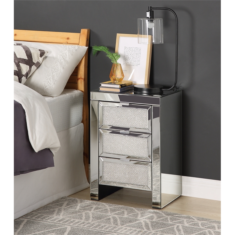 Bowery Hill Contemporary Nightstand in Mirrored & Faux Diamonds