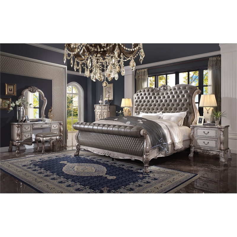 Bowery Hill Contemporary Queen Bed in Vintage Bone White and PU