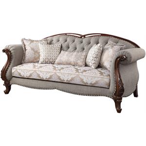 bowery hill traditional sofa with 5 pillows in fabric & cherry