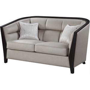 bowery hill contemporary loveseat with 2 pillows in beige fabric
