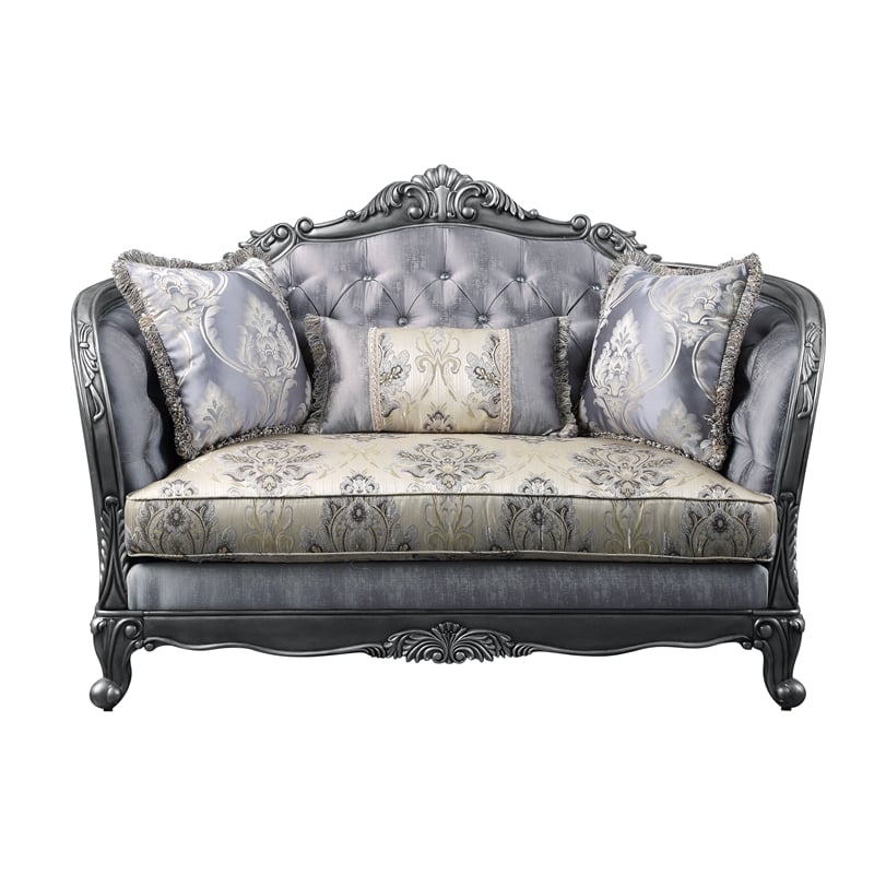 Bowery Hill Traditional Loveseat with 3 Pillows in Fabric and Platinum