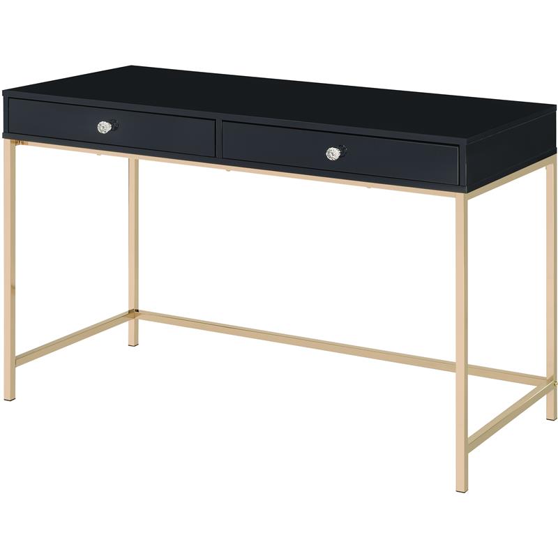 Bowery Hill Contemporary Writing Desk in Black High Gloss & Gold Finish