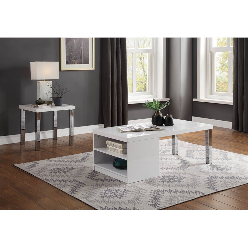 Bowery Hill Contemporary Coffee Table in White High Gloss & Chrome