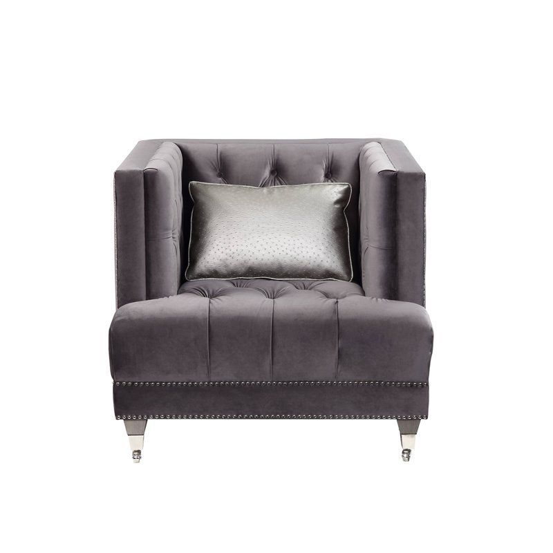 Bowery Hill Modern Fabric Chair with 1 Pillow in Gray Velvet