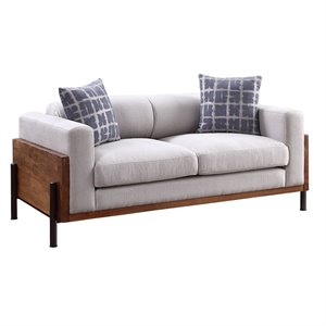 bowery hill contemporary loveseat with pillows in fabric and walnut