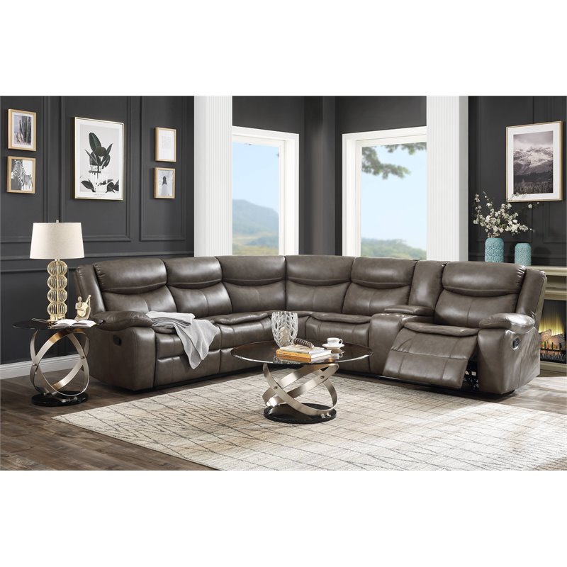 Bowery Hill Contemporary Sectional Sofa in Taupe Leather-Aire Match