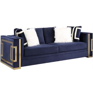 Bowery Hill Contemporary Sofa with 6 Pillows in Blue Velvet & Gold Finish