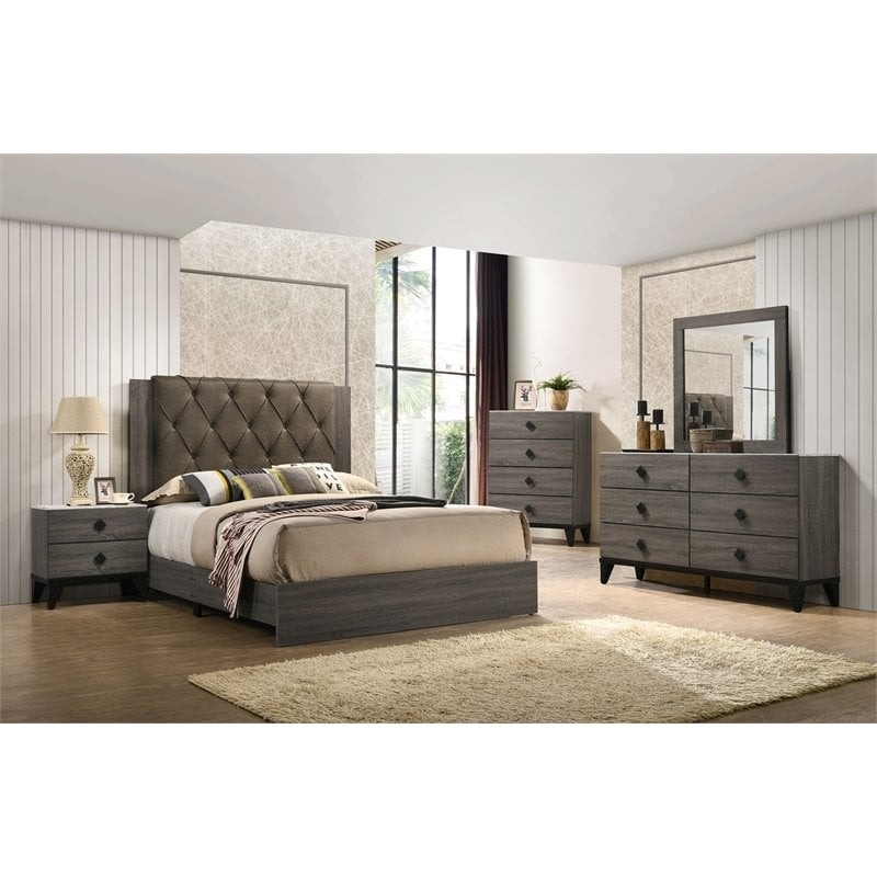 Bowery Hill Transitional Fabric/Wood Eastern King Bed in Rustic Gray Oak