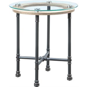 bowery hill contemporary end table in clear glass & sandy gray finish