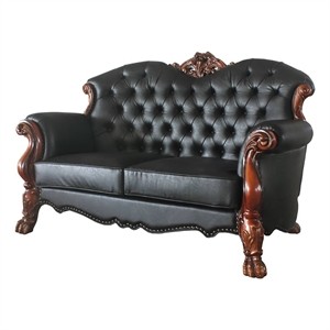 Bowery Hill Traditional Faux Leather/Wood Loveseat with 3 Pillows in Black