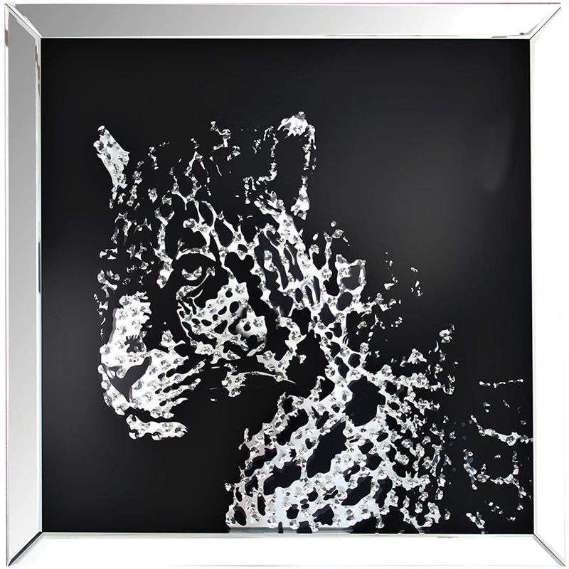 Bowery Hill Contemporary Glass Square Wall Art in Mirrored/Faux Crystal Leopard