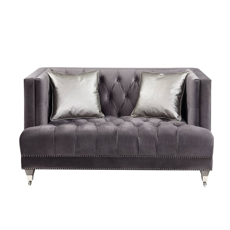 Bowery Hill Modern Fabric Loveseat with 2 Pillows in Gray Velvet