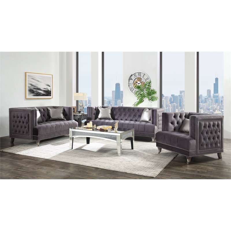Bowery Hill Modern Fabric Loveseat with 2 Pillows in Gray Velvet
