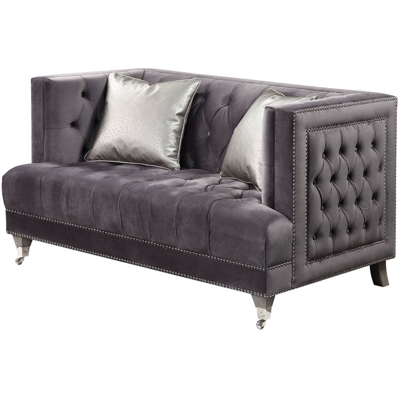 Bowery Hill Modern Fabric Loveseat with 2 Pillows in Gray Velvet
