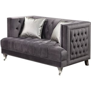 bowery hill modern fabric loveseat with 2 pillows in gray velvet