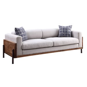 Bowery Hill Contemporary Fabric Sofa with Pillows in Fabric and Walnut