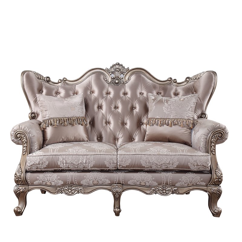Bowery Hill Traditional Loveseat with 2 Pillows in Fabric & Champagne