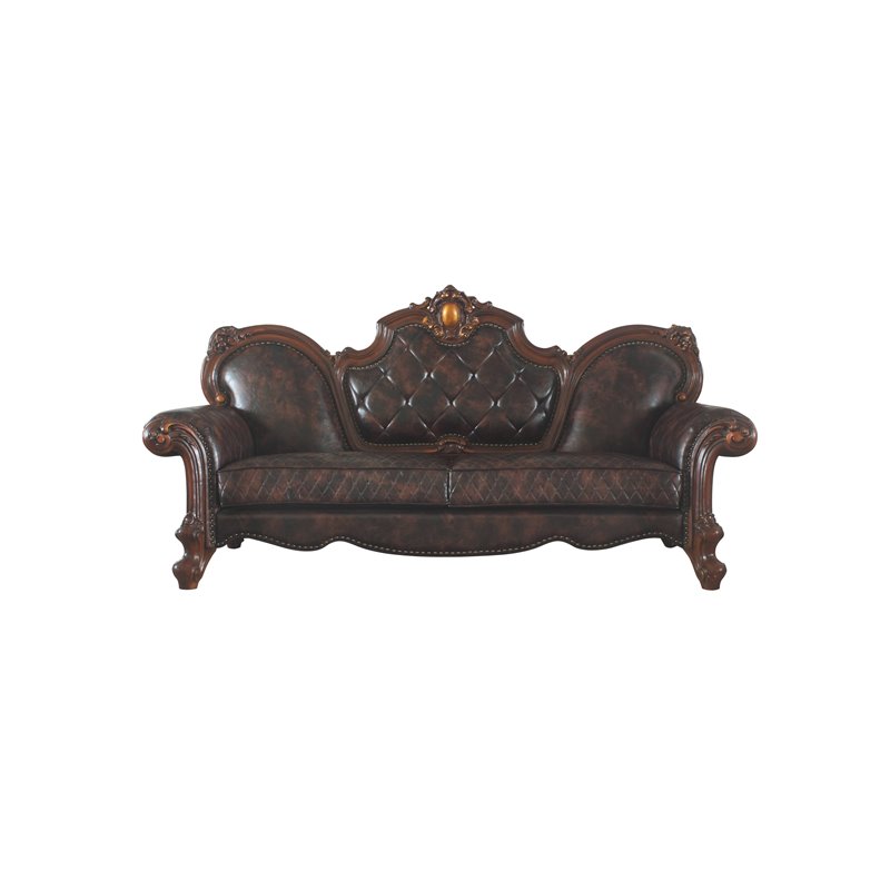 Bowery Hill Traditional Sofa with 3 Pillows in Vintage Cherry Oak & PU