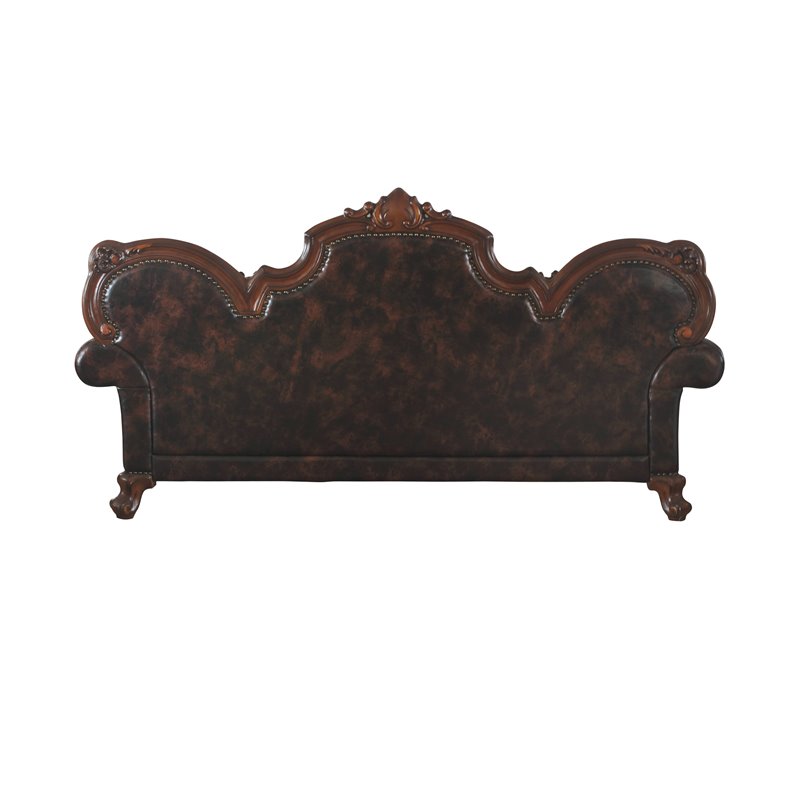 Bowery Hill Traditional Sofa with 3 Pillows in Vintage Cherry Oak & PU