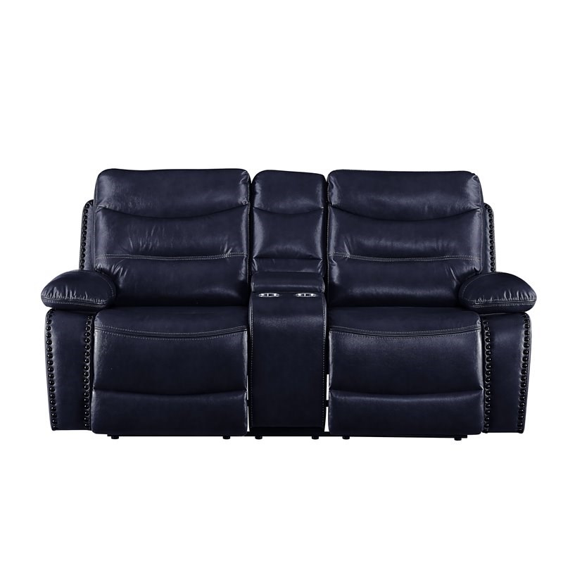 Bowery Hill Contemporary Loveseat with Console in Navy Leather-Gel Match