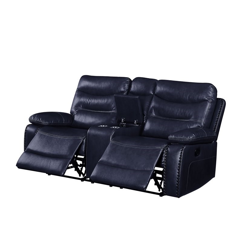 Bowery Hill Contemporary Loveseat with Console in Navy Leather-Gel Match