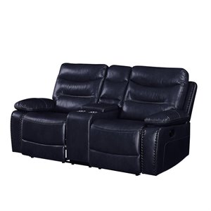 bowery hill contemporary loveseat with console in navy leather-gel match