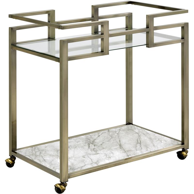 Bowery Hill Contemporary Serving Cart in Faux Marble & Wire Brass Finish