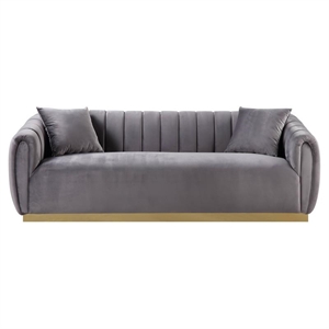 bowery hill contemporary sofa with 2 pillows in gray velvet & gold finish