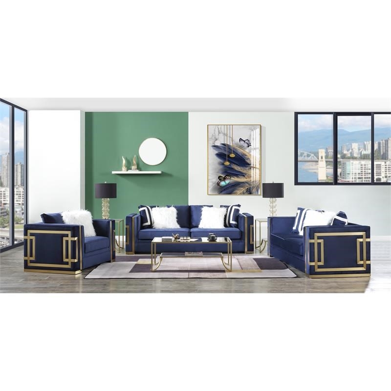 Bowery Hill Contemporary Loveseat with 4Pillows in Blue Velvet & Gold Finish